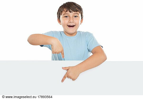 Child Boy Pointing to Advertising Marketing Blank Sign with Text Free Space Copyspace isolated in Stuttgart  Stuttgart  Germany  Europe
