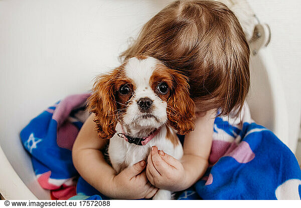 Child holding puppy hug love