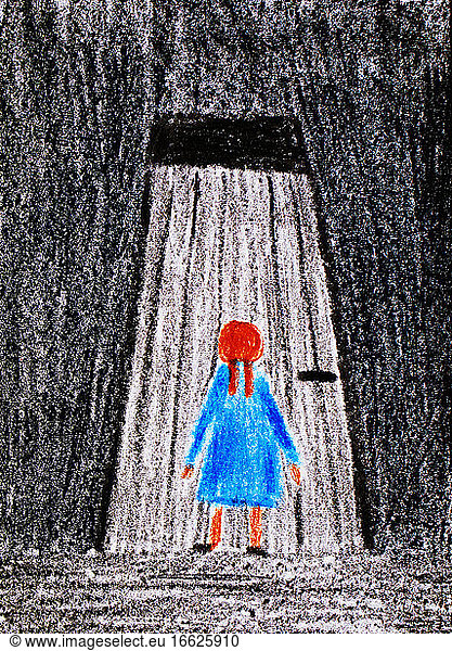 Child's drawing of girl in front of closed door