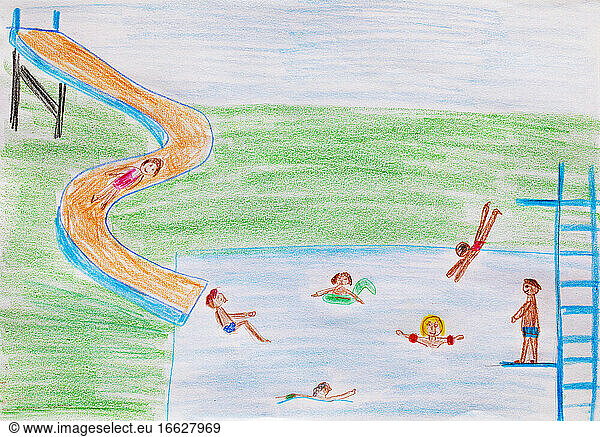 Child's drawing of outdoor pool with water slide