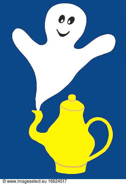 Child's painting of smiling ghosts and yellow teapot