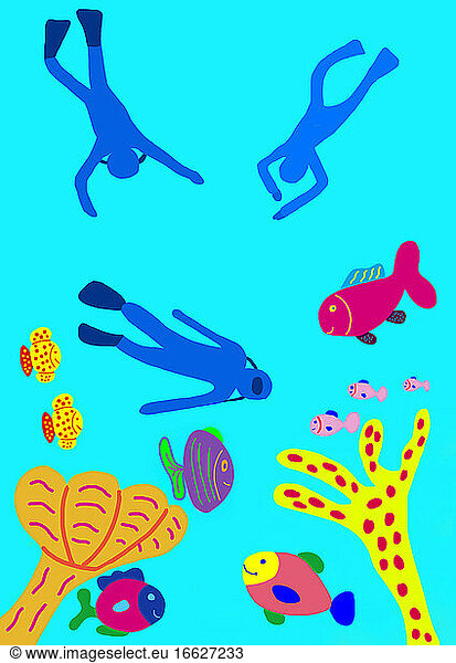 Child's painting of underwater world with divers