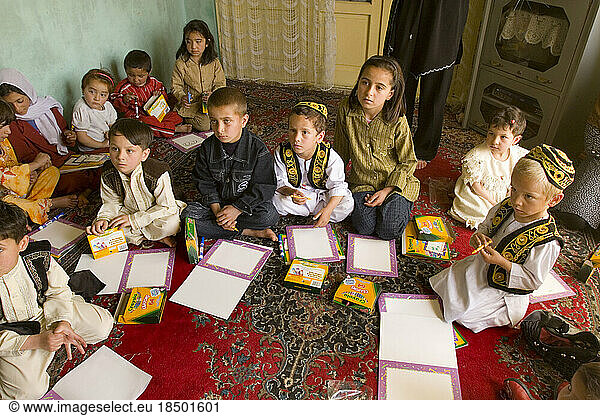 Children at Habiba's preschool in Kabul start their day with an art class.