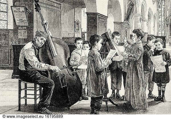 Children in the rehearsal of Christmas carols in the late 19th century  painting by the French painter Charles Bertrand d'Entraygues (1850-1929) France. Old XIX century engraved illustration from La Ilustracion Espa?ola y Americana 1894.