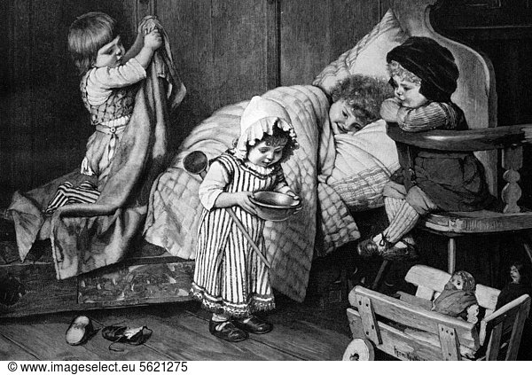 Children playing doctor and patient  historic wood engraving  about 1897