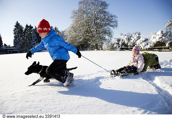 Children playing on sledge in the snow