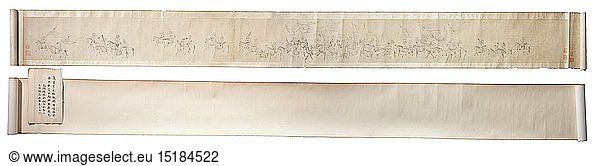 CHINA  Brautzug der Wang Zhaojun  China  SchwarzweiÃŸe  vielfigurige Tuschezeichnung im Baimiao-Stil auf Papier mit Darstellung des Brautzuges der Konkubine Wang Zhaojun zu ihrem kÃ¼nftigen Ehemann. Etwas fleckig  Papierdoublierung und weiÃŸe Kontrastpassepartouts gelÃ¶st. Dazu beiliegend ein Text des Malers Qu Junzai aus dem Jahr 1908  der das Bild dem Maler Li Gonglin (1049 - 1106)  NÃ¶rdliche Song Dynastie  oder alternativ dem Maler Ding Yunpeng (1547 - 1628) zuschreibt. Wang Zhaojun war eine Konkubine des Kaisers Han Yuandi (75 v. Chr. - 33 v.Chr.)  welche dieser aus politischen GrÃ¼nden an den AnfÃ¼hrer der Xiongnu verheiraten musste. Sie gehÃ¶rte zu den Vier SchÃ¶nheiten des alten China  und noch heute existiert ein ihr gewidmeter GrabhÃ¼gel in der Inneren Mongolei.