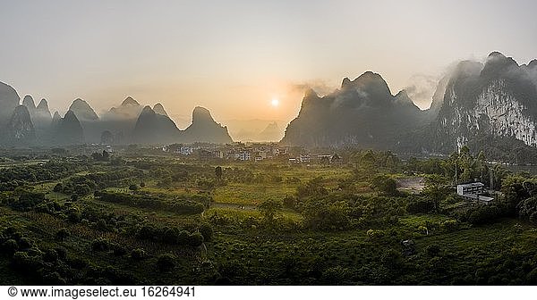 Chinese karst mountains near Yangshuo at sunrise  Guilin  China  Asia