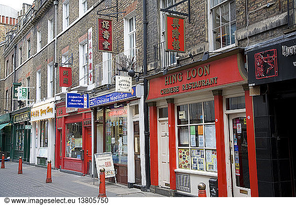 Chinese restaurants and shops, Chinatown, Soho, London, England