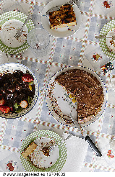Chocolate birthday cake on table with dirty plates after celebration