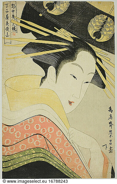 Chokosai Eisho  active 1780–1800. Misayama of the Chojiya  from the series Beauties of the Licensed Quarter (Kakuchu bijin kurabe)  1790–1800. Color woodblock print; oban  38.0 × 24.0 cm.
Inv. No. 1963.1151 
Chicago  Art Institute.