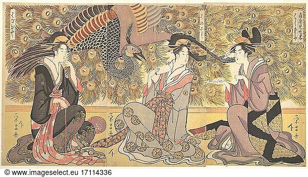 Chokosai Eisho 1793–1799. Interior of the House called Ogiya  Print  ca. 1790–1810. Edo period (1615–1868).
Triptych of polychrome woodblock prints; ink and color on paper  38.9 cm.
Inv. Nr. JP1571
New York  Metropolitan Museum of Art.
