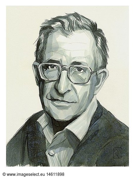 Chomsky  Noam (Avram)  * 7.12. 1928  US Sprachwissenschaftler  Portrait  Zeichnung  einfarbig  Illustration von Jan Rieckhoff  02.05.2007 Chomsky, Noam (Avram), * 7.12. 1928, US Sprachwissenschaftler, Portrait, Zeichnung, einfarbig, Illustration von Jan Rieckhoff, 02.05.2007,