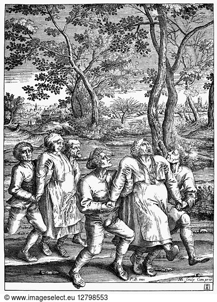 CHOREA HYSTERIA  1642. Victims of the hysterical dancing mania of the Late Middle Ages (St. Vitus' dance/Chorea). Line engraving  1642  after Peter Bruegel the Elder.