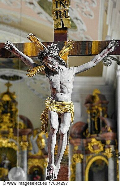Christ figure on the cross  Holy Spirit Parish Church  Durach  Allgäu  Bavaria  Germany  Europe