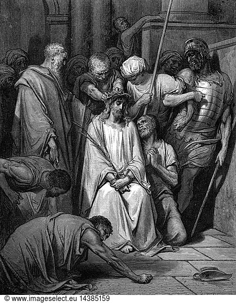 Christ mocked and the Crown of Thorns placed on his head. St John. From Gustave Dore"s illustrated "Bible"  1866. Wood engraving.