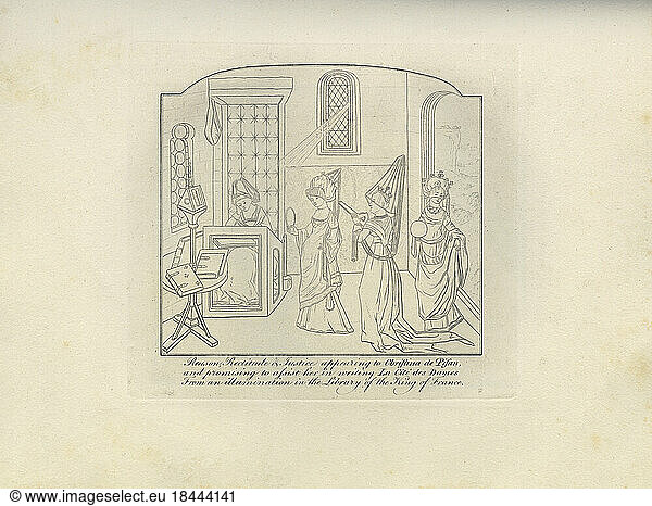 Christine de Pizan  French poet.Venice 1365 – Poissy (?) Around 1430.The virtues Prudentia  Justitia and Rectitudine inspire Ch. De Pizan to write the “Cité des Dames / Ch. De Pizan builds the ideal city.Copper engraving  undated  unmarked  around 1760  based on French illumination  15th century.From: Orford’s Portraits..Berlin  Sammlung Archiv für Kunst und Geschichte.