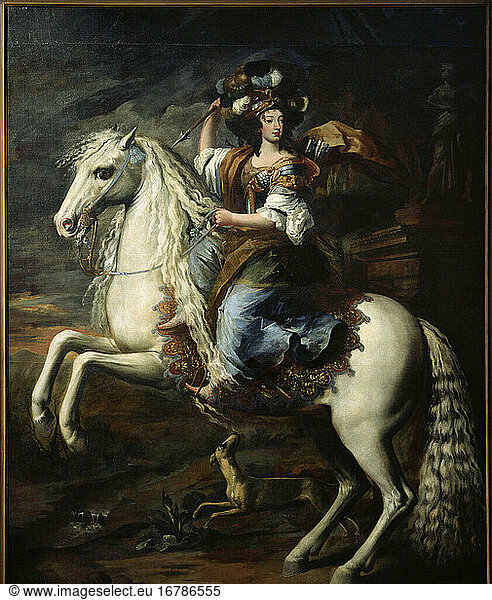 Christine of France  Duchess (Victor Amadeus I) of Savoy  1637 regent for her sons Francis Hyacinth and Charles Emmanuel II  daughter of King Henry IV of France and the Marie de' Medici  Paris 10. 2. 1606 – Turin 27. 12. 1663. – “Equestrian Portrait of Christine of France as Minerva . – Painting  c. 1663  by Charles Dauphin (ca. 1625/28 – 1678). Oil on canvas  282.5 × 221 cm. Inv. No. R. 4877. Racconigi  Castle.