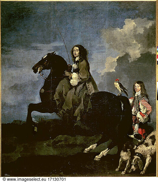 Christine  Queen of Sweden (daughter of Gustav II Adolf); Stockholm 18.12.1626 – Rome 19.4.1689. Equestrian painting. Painting  c. 1652/54  by Sebastien Bourdon (1616–1671).
Oil on canvas  383 × 290 cm.
Cat. 1503
Madrid  Museo del Prado.