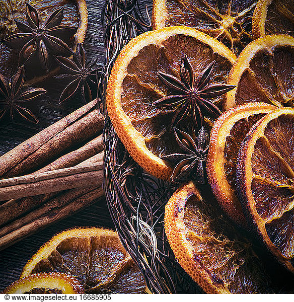 Christmas backdrop caramelised orange slicers with star of anis spice