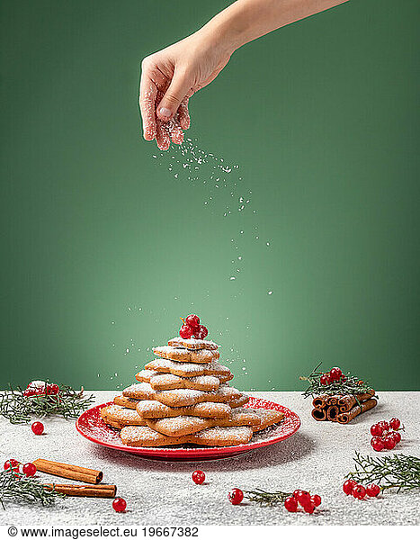 Christmas background with gingerbread Christmas tree. Cover for recipe