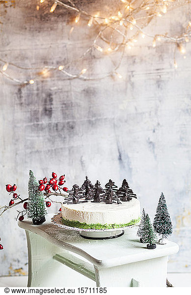 Christmas cheesecake decorated with chocolate trees