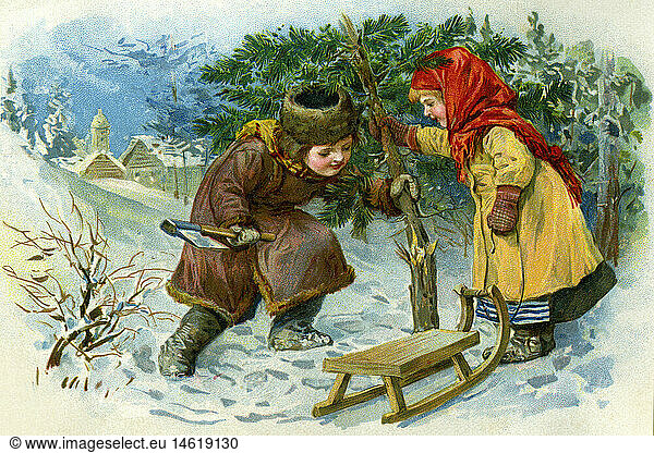 Christmas  Christmas tree  children cutting Christmas tree  scrap picture  lithograph  Germany  circa 1890