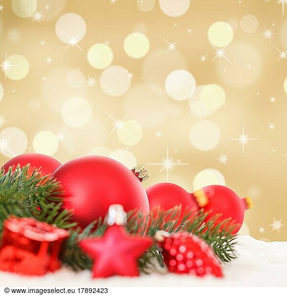 Christmas Red Christmas Balls Christmas Decoration Square Gold Decoration Snow copy space Copyspace Copy Space in Stuttgart  Germany  Europe
