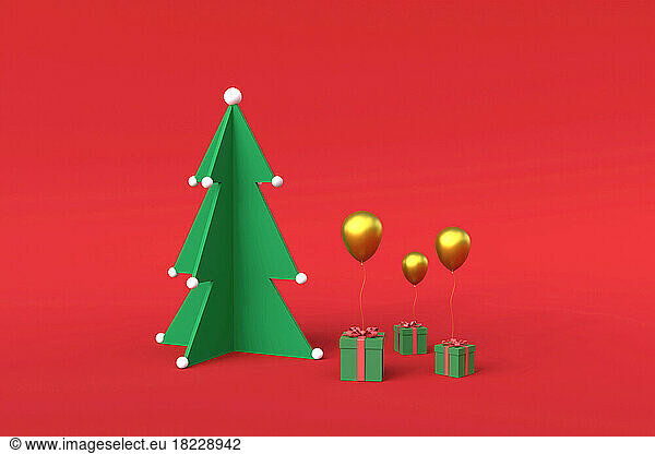 Christmas tree  Gifts and balloons. 3d rendering copy space