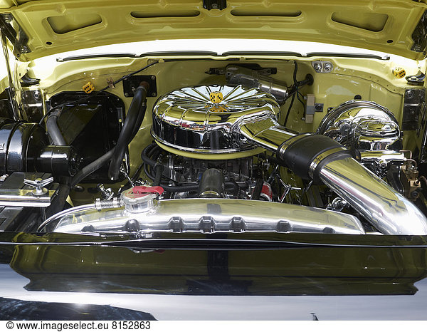 Chromed engine compartment of a Chevrolet Bel Air classic car