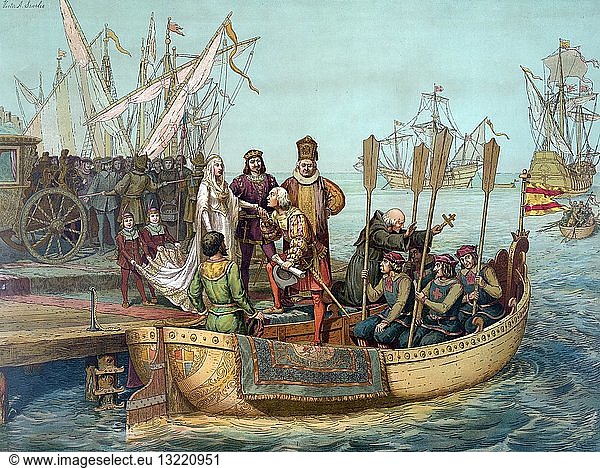 Chromolithograph of Christopher Columbus bidding Farwell to the Queen of Spain. Chromolithograph of Christopher Columbus bidding Farwell to the Queen of Spain upon his departure. Dated 1893