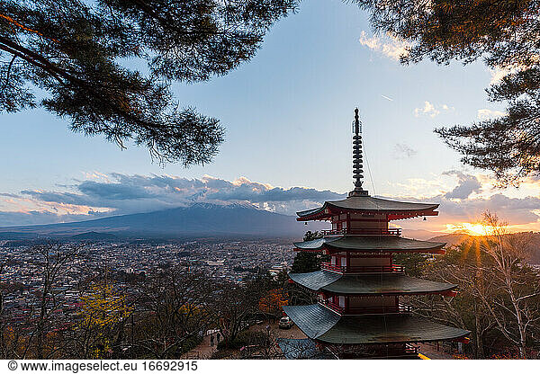 Chureito Pagoda view with Fuji mountain in autumn cloudy day