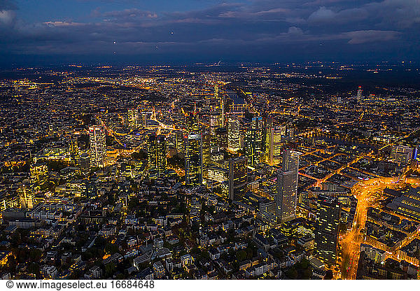 Circa November 2019: Incredible Aerial View over Frankfurt am Main  Germany Skyline at Night with City Lights