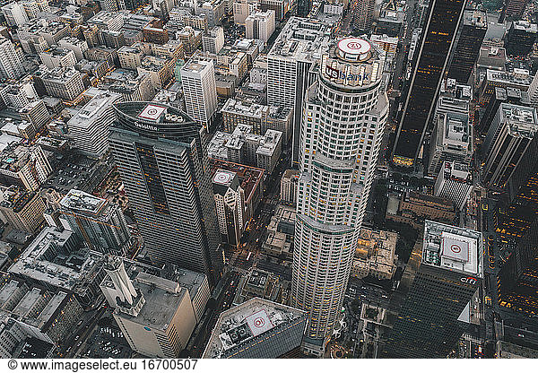 Circa November 2019: Spectacular Aerial Drone Shot of Downtown Los Angeles  California