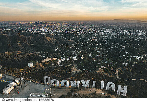 Circa November 2019: Spectacular view over Hollywood Sign looking over Los Angeles  California in Sunset light