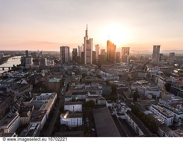 Circa November 2019: Stunning Aerial Drone View of Frankfurt am Main  Germany Skyline in Pretty Sunlight