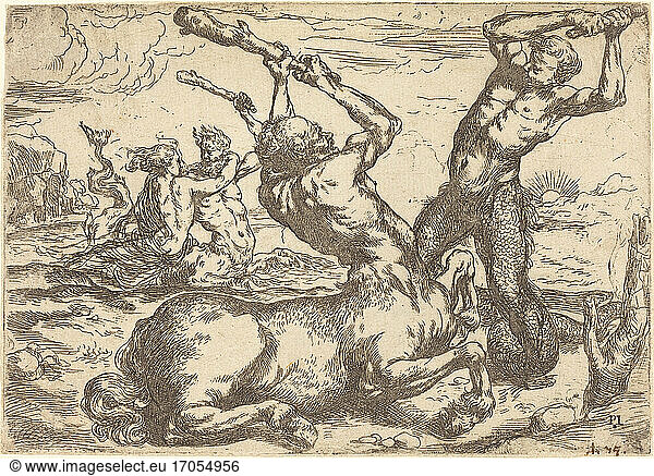 Circle of Jusepe de Ribera  1591 – 1652. Battle between a Centaur and a Triton. Etching on laid paper  11.5 × 16.6 cm.
Inv. Nr. 2000.12.1 
Washington  National Gallery of Art.