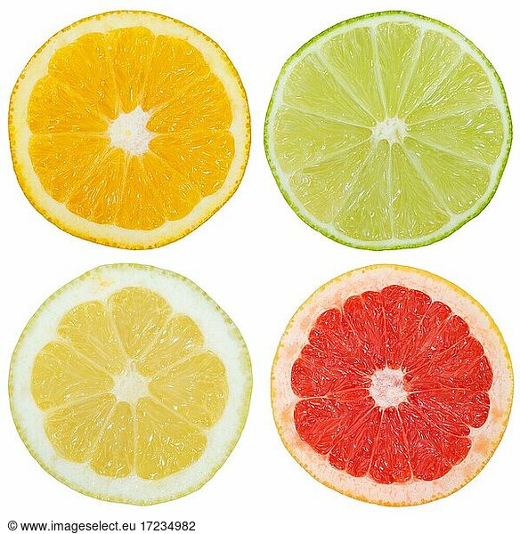 Citrus fruits southern fruits orange lemon fruits cut half crop cropped against a white background