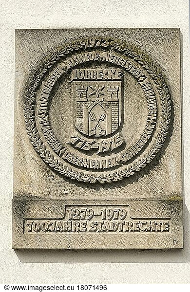 City coat of arms  old town hall  Lübbecke  Minden-Lübbecke  Minden  East Westphalia-Lippe  North Rhine-Westphalia  Germany  Europe