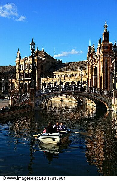 City of Seville  at Plaza de Espana  Spanish Square  partial view  boat on the small canal  Andalusia  Spain  Europe