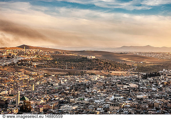 Cityscape and distant mountains  elevated view  Fes  Morocco