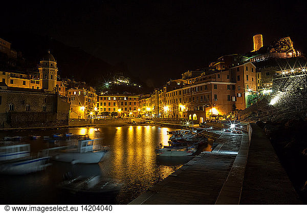 Cityscape at night as seen from the pier  Vernazza  Cinque Terre National Park  Ligury  Italy