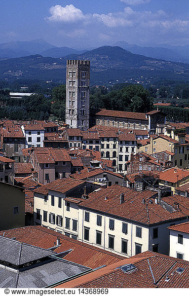 Cityscape from Guinigi tower  Lucca  Tuscany  Italy.