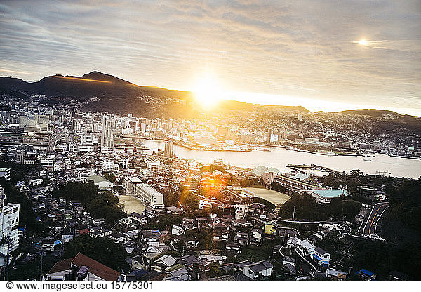Cityscape of Nagasaki  Japan at sunrise.