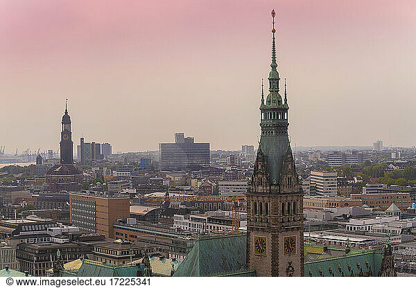 Cityscape with city hall tower and old town  Hamburg  Germany