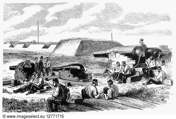 CIVIL WAR BATTERY SCENE. Engraving from a contemporary English newspaper.