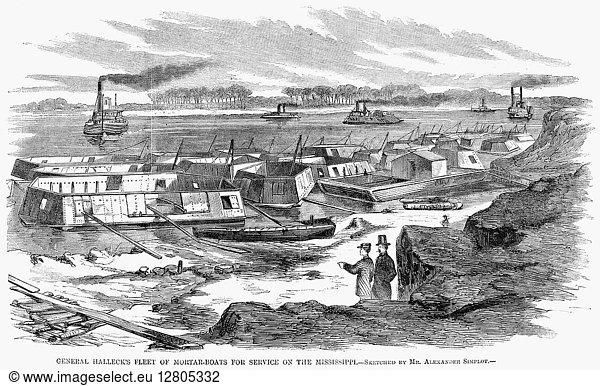 CIVIL WAR: MORTAR BOATS. 'General Halleck's fleet of mortar-boats for service on the Mississippi.' Engraving  1861.