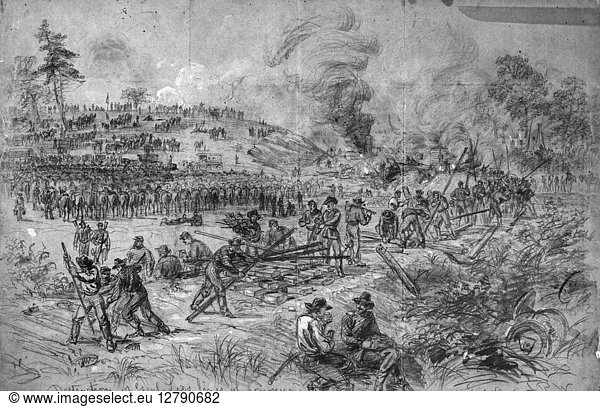 CIVIL WAR: PETERSBURG. Union troops under General James H. Wilson destroying tracks of the Weldon Railroad  which carried supplies from North Carolina to the Condederate Army at Petersburg  Virginia. Pencil drawing by Alfred R. Waud  early July 1864.