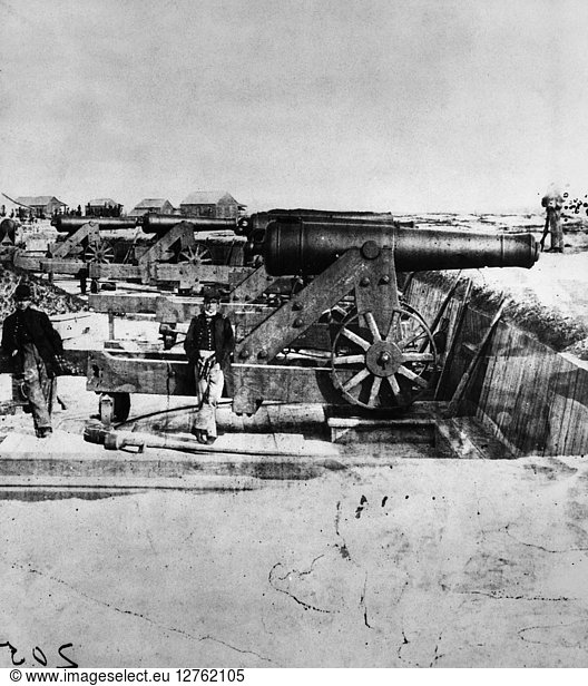 CIVIL WAR: UNION CANNONS. Two Union Army soldiers with an artillery of cannons during the American Civil War. Photograph  c1861.