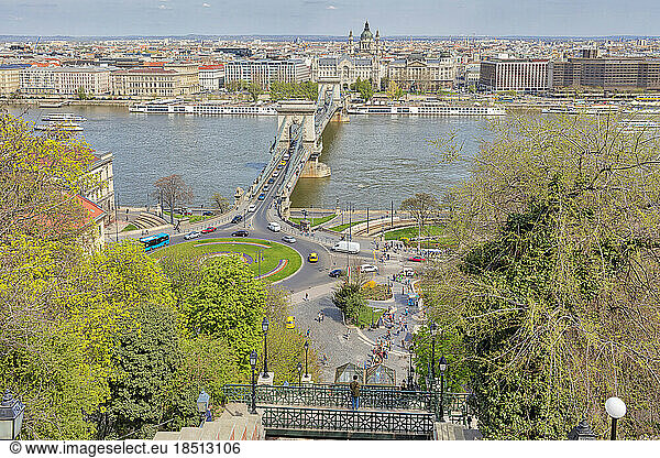 Clark Adam Square with chain bridge and cityscape in the background  Budapest  Hungary